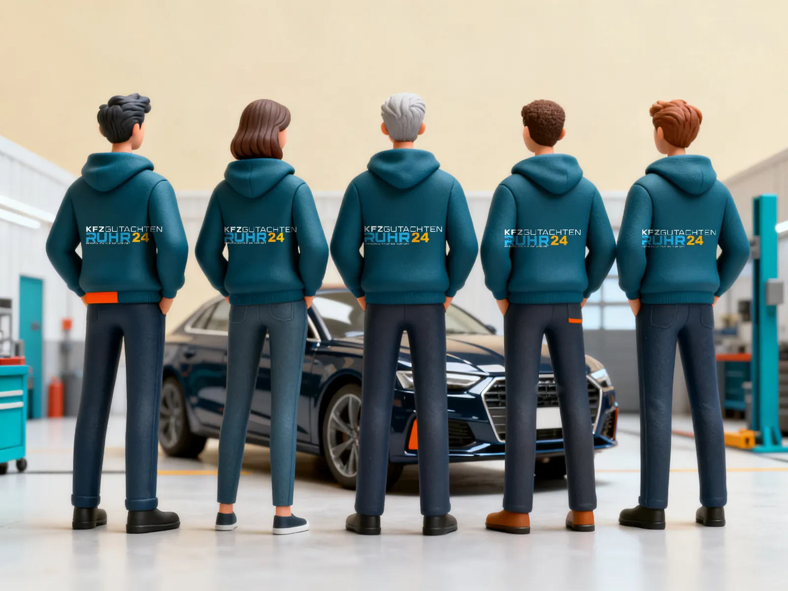 Fünf Figuren im Stil einer 3D-Miniatur tragen Hoodies mit dem Logo von KFZ Gutachten Ruhr und stehen mit dem Rücken zur Kamera vor einem Fahrzeug